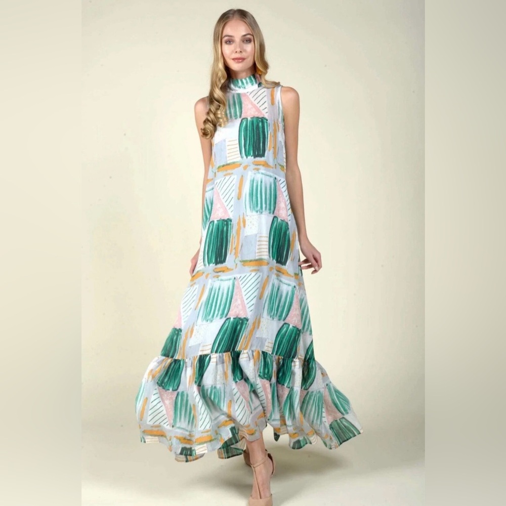 Eva Franco Terry Rum Baba Maxi Dress Abstract Print Ruffle Hem Scarf Tie Back 2X